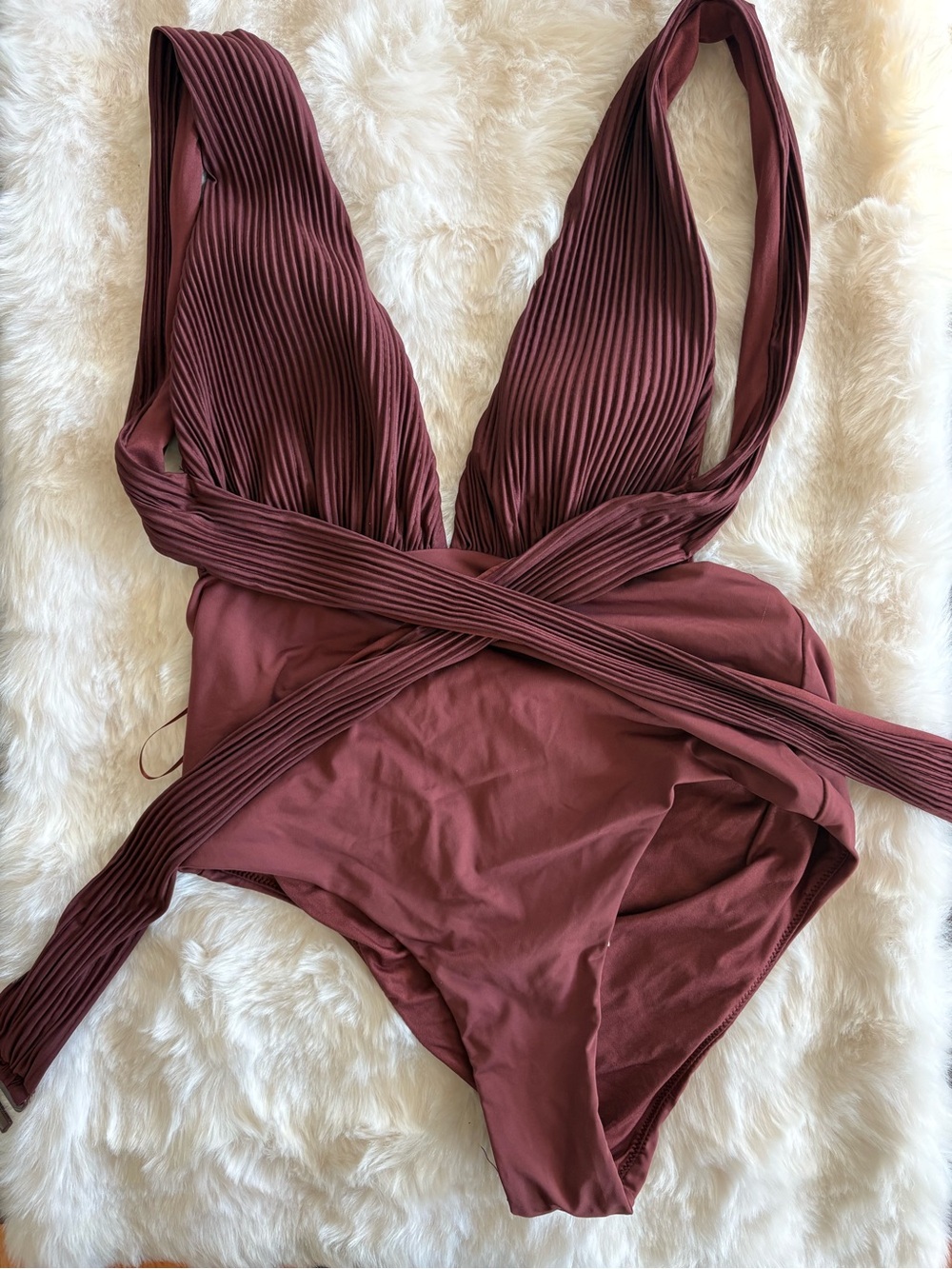 Zara Burgundy Ribbed Plunge Bandeau One-Piece